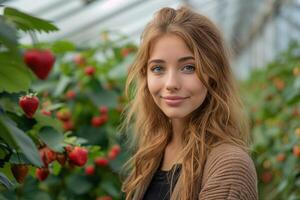 ai generiert jung Frau mit lange Haar im ein Gewächshaus mit Erdbeeren foto