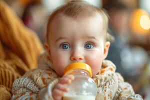 ai generiert Fütterung ein Baby von ein Flasche mit Milch foto