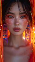 ai generiert lebendig asiatisch Mode High-Fashion Modell- im fluoreszierend Stil foto