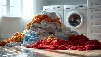 ai generiert schmutzig Wäsche gestapelt durch Waschen Maschine foto