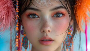 ai generiert lebendig asiatisch Mode High-Fashion Modell- im fluoreszierend Stil foto