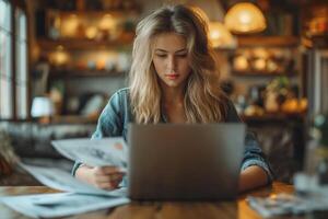 ai generiert europäisch Frau zahlt sich aus Rechnungen online über Laptop foto