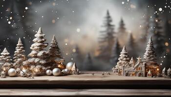 ai generiert Winter Feier Schnee Nacht, glühend Weihnachten Baum, beleuchtet Nadelbaum Wald generiert durch ai foto