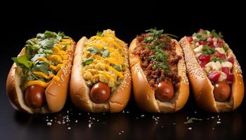 ai generiert gegrillt Rindfleisch heiß Hund auf Brötchen mit Ketchup, ungesund Mittagessen generiert durch ai foto