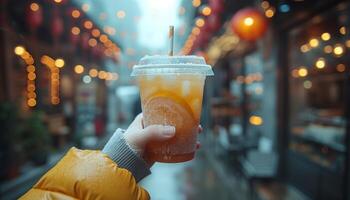 ai generiert Besucher mit Papier Trinken Stroh foto