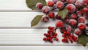 ai generiert frisch organisch Beeren auf ein hölzern Tisch, ein gesund Dessert generiert durch ai foto