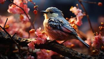 ai generiert still Szene Vogel sich niederlassen auf Zweig, umgeben durch beschwingt Farben generiert durch ai foto