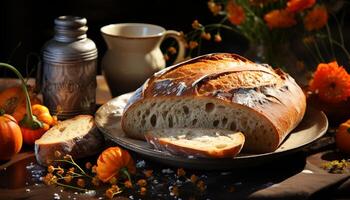 ai generiert Frische auf das Tabelle rustikal, hausgemacht brot, gebacken mit Liebe generiert durch ai foto