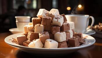 ai generiert Gourmet Dessert dunkel Schokolade Fudge auf ein rustikal hölzern Teller generiert durch ai foto