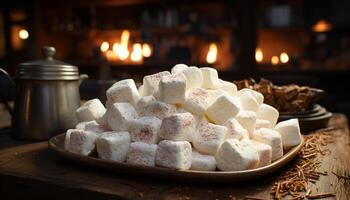 ai generiert Gourmet Nachtisch, Frische auf Holz Tisch, Süss Flamme Kochen Kulturen generiert durch ai foto