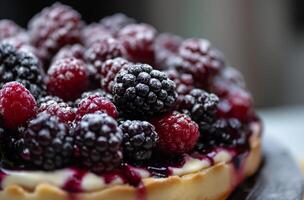 ai generiert Torte gekrönt mit Brombeeren und Himbeeren foto