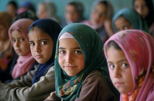 ai generiert Schulkinder im traditionell Hijabs foto