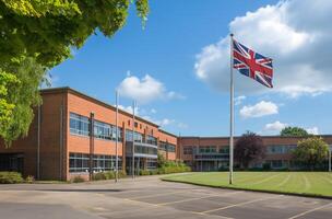 ai generiert britisch Schule mit Flagge foto