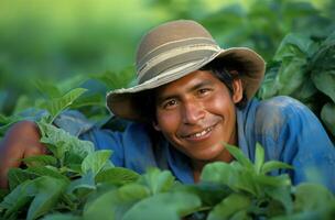 ai generiert peruanisch Farmer unter Pflanzen foto