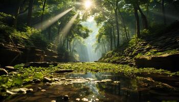 ai generiert still Szene Grün Wald, fließend Wasser, Sonnenaufgang, Wildnis Abenteuer generiert durch ai foto