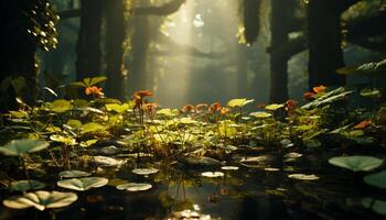 ai generiert still Szene Grün Blätter reflektieren im das Ruhe Teich Wasser generiert durch ai foto