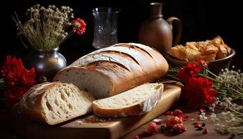 ai generiert Frische und rustikal Charme auf ein hölzern Tisch, hausgemacht Brot generiert durch ai foto