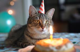 ai generiert Katze mit Geburtstag Hut und Kuchen foto