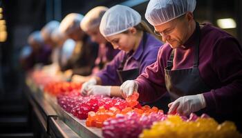 ai generiert Männer und Frauen Arbeiten zusammen im ein klein Geschäft Werkstatt generiert durch ai foto