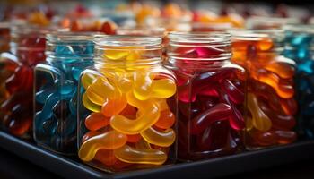 ai generiert ein beschwingt Reihe von bunt Süßigkeiten Gläser im ein Apotheke generiert durch ai foto