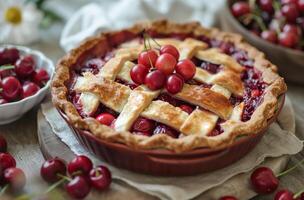 ai generiert hausgemacht Kirsche Kuchen auf das Tabelle foto