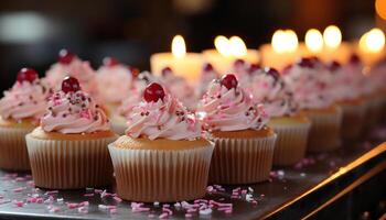 ai generiert Cupcake Nachtisch, Süss Essen, Kerze, Glasur, gebacken, Feier Gourmet Geburtstag generiert durch ai foto