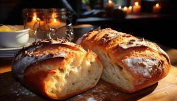 ai generiert frisch gebacken Brot auf ein hölzern Tisch, bereit zu Essen generiert durch ai foto