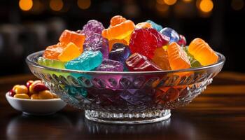 ai generiert Gourmet Dessert Schüssel mit frisch Frucht, Süssigkeit, und beschwingt Farben generiert durch ai foto