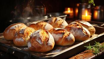 ai generiert frisch gebacken brot, gegrillt Fleisch, und hausgemacht Nachspeisen auf rustikal Tabelle generiert durch ai foto