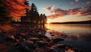 ai generiert still Szene Sonnenuntergang Über Wald, reflektieren auf Wasser, heiter Schönheit generiert durch ai foto