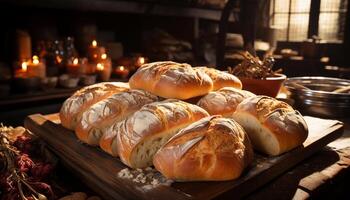 ai generiert frisch gebacken Brot auf ein hölzern Tisch, hausgemacht und Gourmet generiert durch ai foto