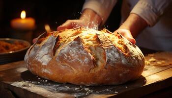 ai generiert frisch gebacken Brot auf hölzern Tisch, ein köstlich hausgemacht Mahlzeit generiert durch ai foto