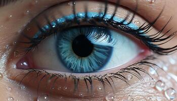 ai generiert Blau Augen Frau starren in das Kamera, reflektieren Schönheit und Kreativität generiert durch ai foto
