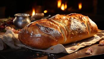 ai generiert frisch gebacken Brot auf ein hölzern Tisch, bereit zu Essen generiert durch ai foto