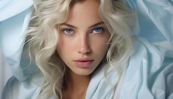 ai generiert schön blond Frau mit Blau Augen, suchen beim Kamera sinnlich generiert durch ai foto
