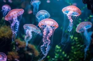 ai generiert Qualle Anzeige im Blau Wasser foto