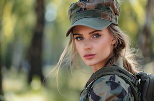 ai generiert weiblich Soldat im tarnen foto