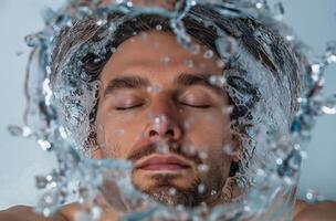 ai generiert Mann umgeben durch Wasser Spritzen foto