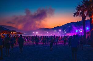 ai generiert Sommer- Strand Disko beim Dämmerung foto