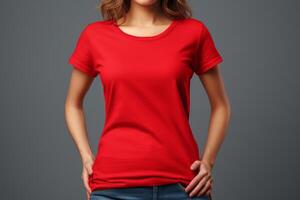ai generiert beschwingt rot T-Shirt Attrappe, Lehrmodell, Simulation weiblich. generieren ai foto