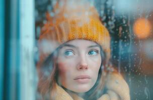 ai generiert Frau Blick durch ein regnerisch Fenster foto