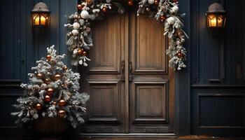 ai generiert Winter Feier Weihnachten Dekoration auf Holz Tür, Weihnachten Baum Jahreszeit generiert durch ai foto