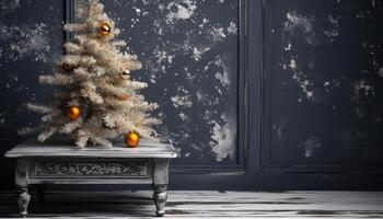 ai generiert Winter Feier Weihnachten Baum, Geschenk, Schnee, Dekoration, beleuchtet drinnen generiert durch ai foto