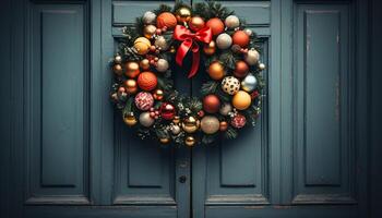 ai generiert Weihnachten Ornament hängend auf ein rustikal hölzern Tür, Winter Feier generiert durch ai foto