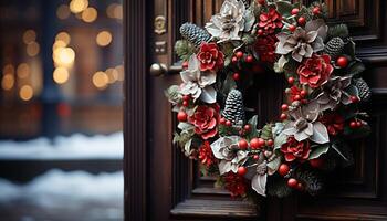 ai generiert Winter Dekoration draußen Fenster, Weihnachten Kranz, Holz Material, Feier generiert durch ai foto