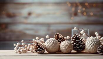 ai generiert Winter Dekoration Holz Tisch, Kiefer Kegel, Weihnachten Ornament, Schneeflocke generiert durch ai foto