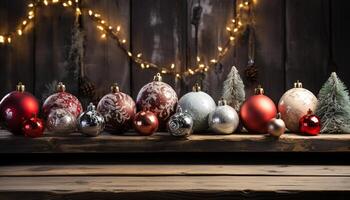 ai generiert hölzern Weihnachten Ornament dekoriert rustikal Tabelle im glühend Winter Hintergrund generiert durch ai foto