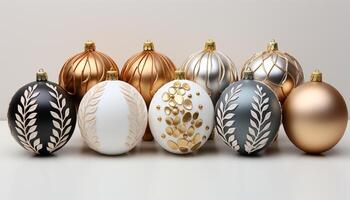 ai generiert glänzend Gold Ornamente schmücken das Weihnachten Baum im ein Reihe generiert durch ai foto