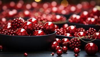 ai generiert ein festlich Tabelle mit frisch Frucht, Schokolade, und Weihnachten Dekorationen generiert durch ai foto