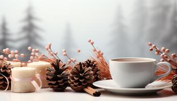 ai generiert heiß Kaffee wärmt das Winter Tisch, umgeben durch Natur Dekorationen generiert durch ai foto